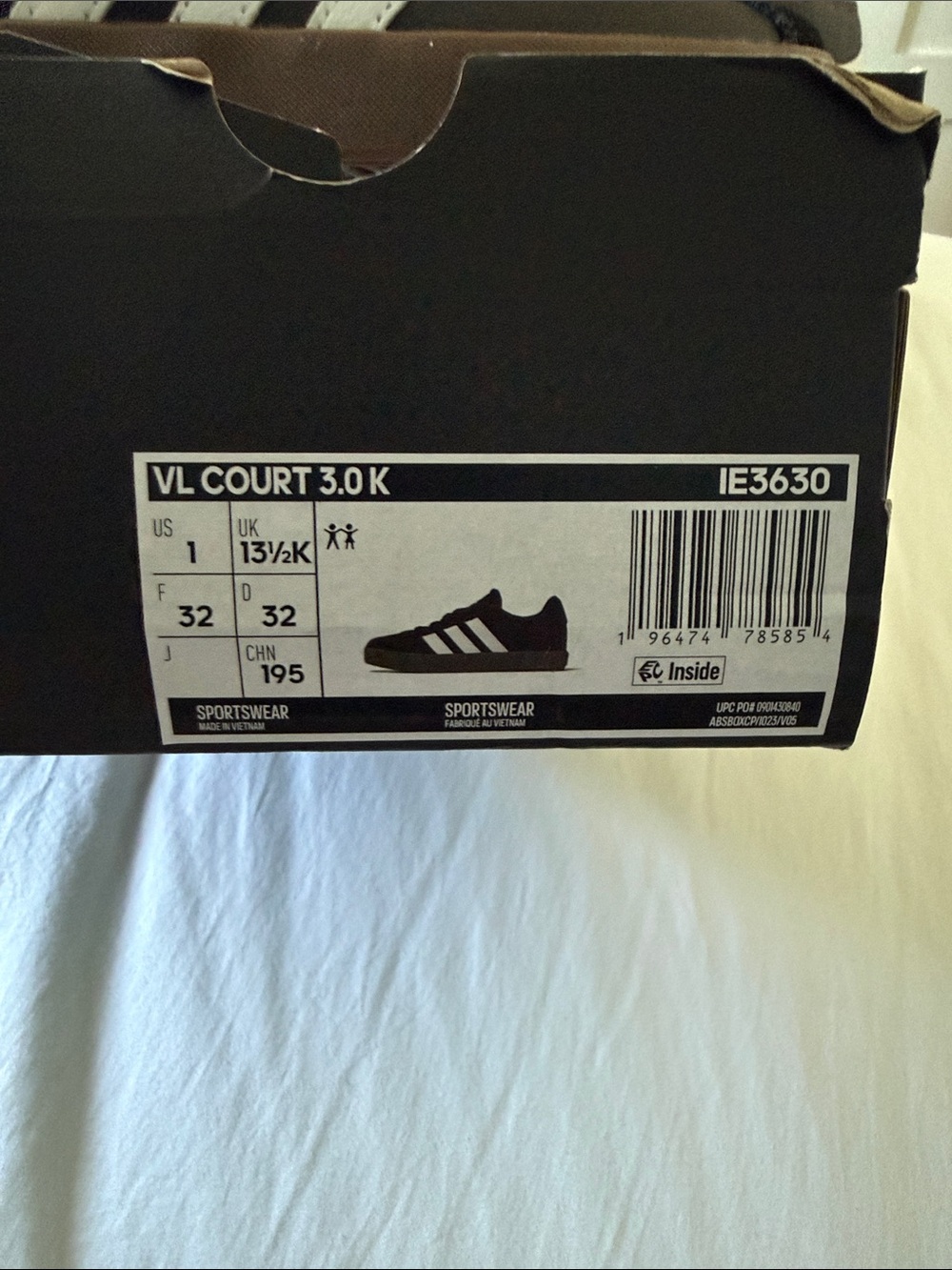 adidas VL Court 3.0K Black Shoe Box with White Stripes Label